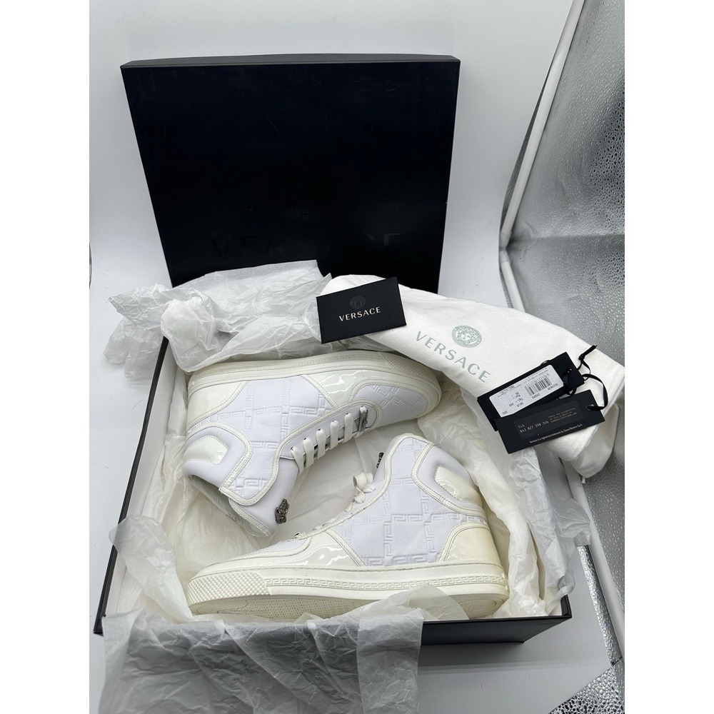 Versace Greca Embossed White Leather Medusa High Top Sneakers Mens 40